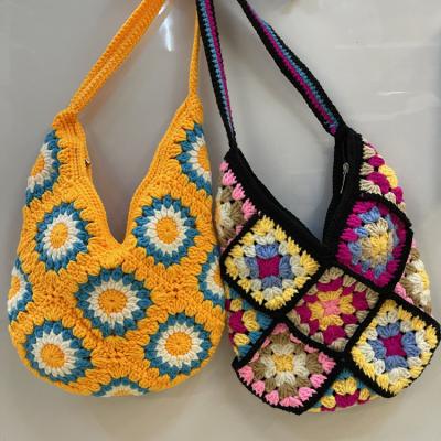 China Custom Bohemian Tote Patchwork Flowers Crochet Bag Knitted Colorful Portable Factory Fashion New for sale