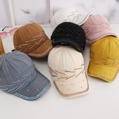 China 2022 fashion ladies fashion new warm comfortable adjustable rhinestone knitted hat baseball cap for sale