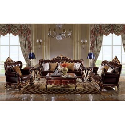 China Royal Luxury Hand Carved And Durable Wood Carved Classic Gold Leaves Leather Sofa for sale