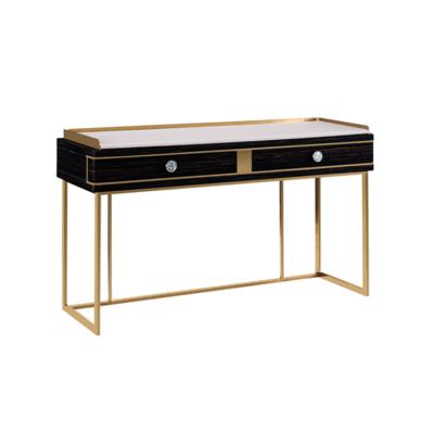 China Modern and useful sourcing wood inlaid gold edged frame makeup table with white leather top drawer dresser for sale