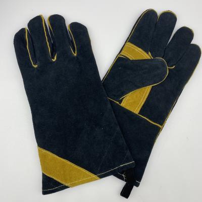 China Black Heat Resistant Cow Split Leather Heat Resistant Welding Gloves Gloves With Long Cuff for sale