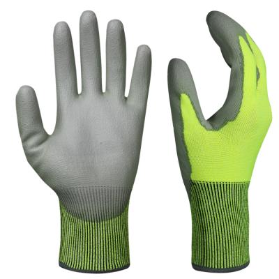 China Hi-Strength Cut Resistant 18G Yellow HPPE Cut Resistant Anti-Slip PU Coated Palm And Finger Gloves for sale