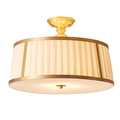 China Traditional American Vintage Copper Ceiling Lamp Fabric And Acrylic Shade LED Simple Flush Mount Lamp Ceiling For Bedroom Study for sale