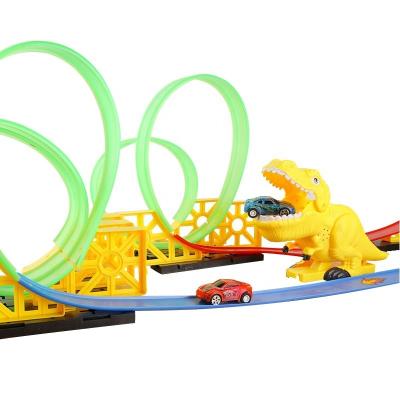 China Slot Toy Luminous Race Tracks Set with 2 Pull Back Track Car Toys Miniature Racing Car Electric Vehicle Kids Dinosaur Toys for sale