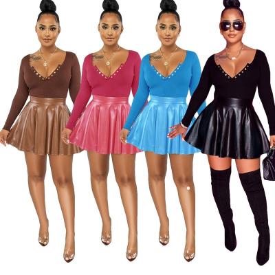 China Sexy PU Leather Women's Swing Women's Clothing Summer Solid Color Breathable Mini Skirt Set for sale