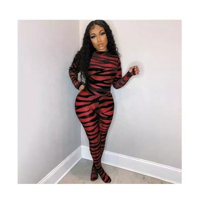 China High Elastic Striped Print Anti-pilling Hollow Out Sexy Street Women Turtle Neck Jumpsuit Long Sleeve Transparent Jumpsuit for sale