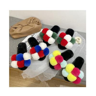 China Colorful Fox Fur Slippers Raccoon Hair Sandals Fashion Trend Fox Hair Ladies Slippers Fluffy Pompom Wholesale Slide for sale