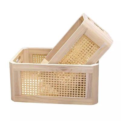 China Good Quality 30cm Pine Wood Rattan Sustainable Storage Box For Space Organizer for sale