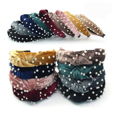 China New Bohemia Pearl Headband With Gold Velvet Knot Headband With Elegant Quality And Multicolor Optional For Ladies for sale