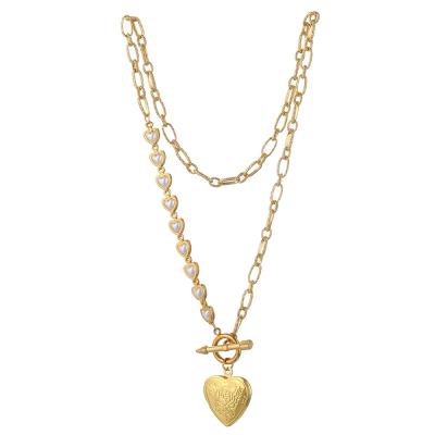 China CLASSIC Fashion Design Pearl Necklace Stainless Steel Gold Plated Elegant Heart Pendant Clasp Chain Necklace Pendant Toggle Jewelry for sale