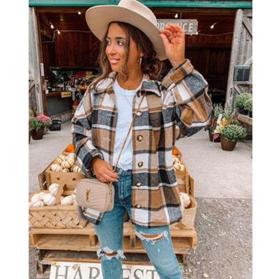 China Autumn Street Temperament Loose Lapel Anti-wrinkle Plaid Shirt Length Shacket Women's Sheathed Wool Jacket Long Mid for sale