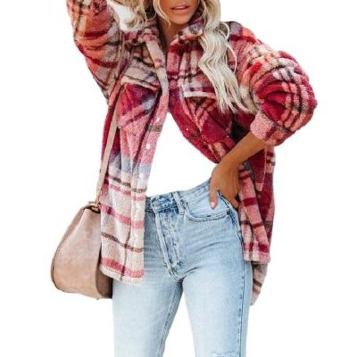 China New Style Anti-wrinkle Women Plaid Wool Blend Jacket Ladies Plush Coat Casual Sherpa Fleece Shacket for sale