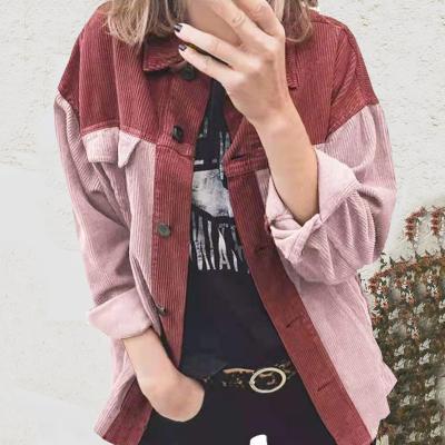 China Anti-wrinkle Contrast Color Corduroy Cardigan Shacket Fashionable Women Long Sleeved Lapel Shirt Loose Quilting Jacket for sale