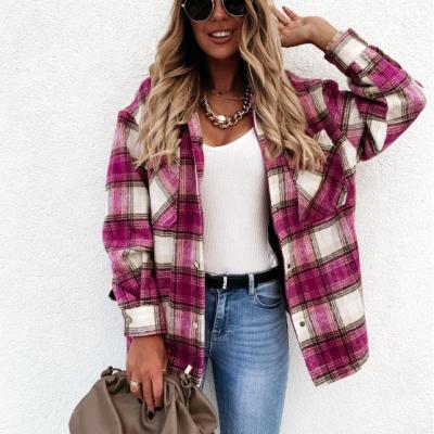 China Anti-Wrinkle New Arrival Women's Plaid Jacket Blouse Coat Sleeve Lapel Button Down Long Shirts Cardigan Tops Outwear Wool Blend Shacket Coat for sale