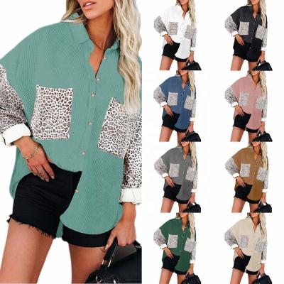 China New Arrival Anti-wrinkle Leopard Print Casual Loose Patchwork Stitching Lapel Women Shirt Jacket Corduroy Print Long Sleeve Shacket for sale