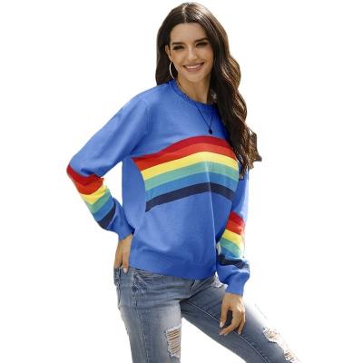 China Anti-wrinkle Fall And Winter Students Undershirt Rainbow Stripe Oversize Long Sleeve Pullover Knit Women's Pullover Sweater for sale