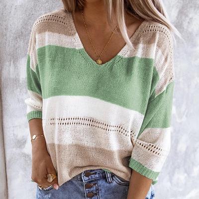 China Anti-Wrinkle Casual Fashion Beach V-Neck Hollow Loose Knit Sweater Top Striped Women's Pullover Sweater Color Matching for sale