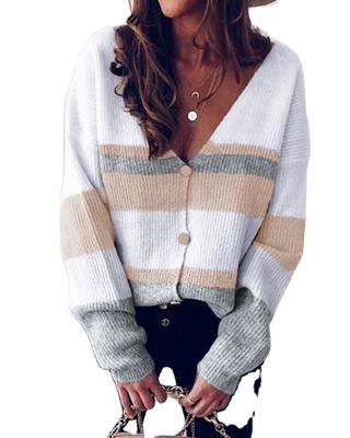 China Anti-wrinkle Autumn And Winter Striped Button Down Cardigan Color Blocking V-Neck Women Knit Sweater Cardigan for sale