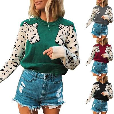 China Autumn Casual Full Sleeve Short Anti-wrinkle Top Two Leopards Knitwear Color-blocking Women's Pullover Sweater for sale