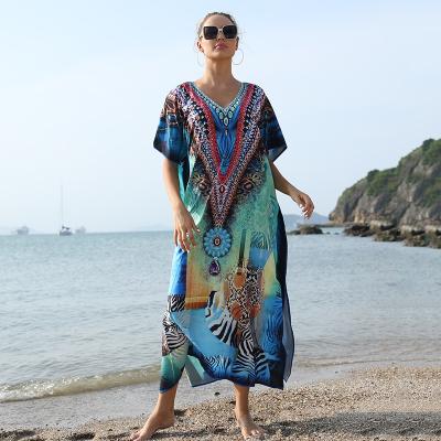 China New Breathable Beautiful Diamond Print Loose Long Stretchy Kaftan Dress Beach Wear Dress Ocean Beach Cover Up for sale