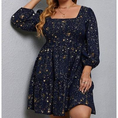 China Newest Fashion Styles Viable Square Collar Bright Star Print Dresses New Elegant Long Sleeve Big Designer Dress for sale