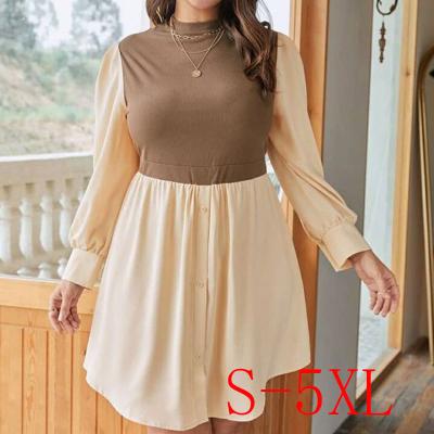 China Autumn Spring Tone Long Sleeve One Line Dresses Crew Neck Top Patchwork Viable Two Size Plus Size Woman Office Dresses for sale