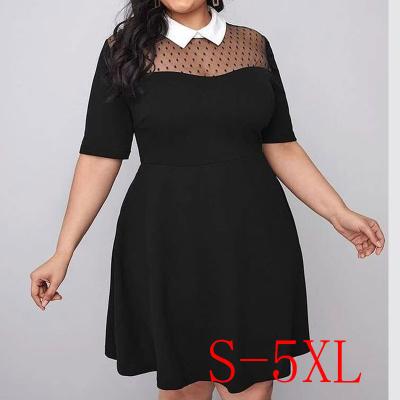 China New Design Viable Design 5xl Women's Short Sleeve Dresses Black Fashion Knee-Length Long Dresses Lace Up Patchwork Plus Size Women Dress for sale