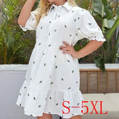 China Viable Wholesale Custom Women's Fashion Design Embroidered Edge Dress Turn-Down Collar Polyester Printed Loose One Piece Dress for sale