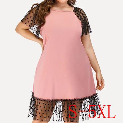 China Summer Viable Fashion Lace Up Mesh Patchwork Round Neck Short Sleeve Vintage Printed Black Sexy Women Clothing Club Dress for sale