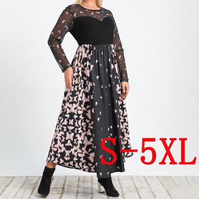 China New Print Lace Patchwork Lace Print Patchwork Long Sleeve Wholesale Slim Waist Tiny Pleated Custom Made Ladies Long Dress OEM Dresses for sale