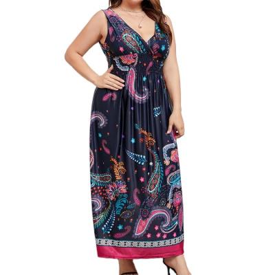 China 2022 new arrivals V-neck summer dress anti-static fashion printed plus size women's clothing sleeveless dress for sale