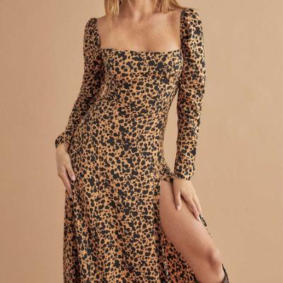 China New Style Anti-Static Hot Selling Ladies Fashion Retro Print Midi Side Slit Dress Slim Square Collar Split Long Sleeve Dress for sale