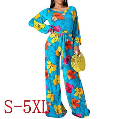 China Viable Women's O Neck Print Loose Lace Up Jumpsuit Overalls Fashion Casual Breathable Blue Flower Women's Long Jumpsuit for sale