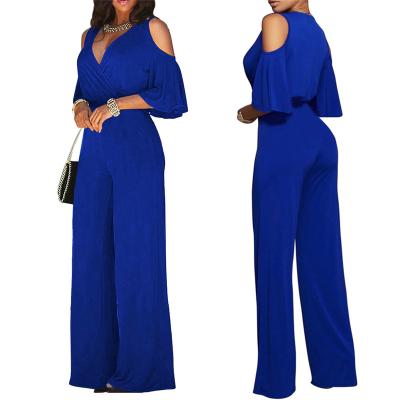 China New Fashion Viable Women's Solid Color Wide-Leg Overalls V-Neck Cut Sleeve Design One-Piece Overalls Woman for sale