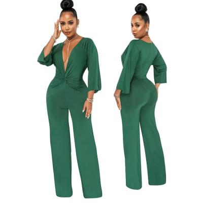 China Viable Wholesale Fashion Deep V Loose Pants Long Sleeves Elegant Wide Leg Overalls Women One Piece Overalls for sale