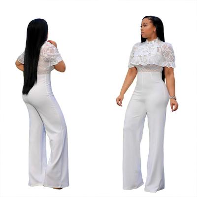 China Autumn Fashion Lady White Classy Rompers QUICK DRY Cutout Shorts Sleeve Lace See Through Wide Leg Women Elegant Overalls for sale