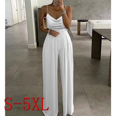 China Viable 2022 Women's Casual Loose Spaghetti Strap Off Shoulder Solid Color Elegant Sexy Wide Leg Overalls for sale