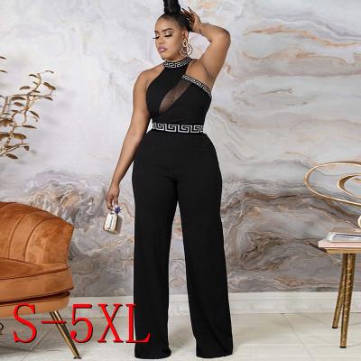 China Amazon Selling Solid Color Mesh Overalls Black Transparent Halterneck Sleeveless Straight Leg Warm Pants One Piece Overalls for sale