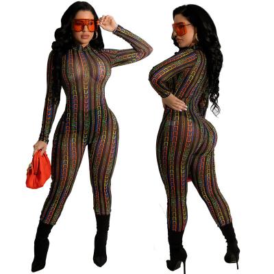 China QUICK DRY Symbol Pattern Print Sexy Women See Through Mesh Long Sleeve Nightclub Club Overalls Romper Summer 2022 Women for sale