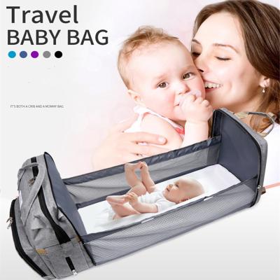 China Custom Logo Water Resistant Mummy Baby Folding Hutch Portable Diaper Bag With Changing Foldable Expandable Crib Backpack for sale