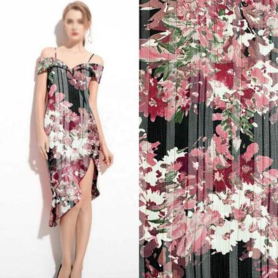 China Harvest top sell tropical flora print satin stripe with lurex georgette crinkle chiffon fabric for dress for sale