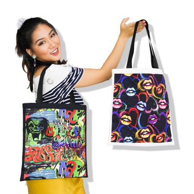 China Eco-Friendly Custom Design Sublimation Print Woman Bags Reusable Fabric Polyester Tote Canvas Shopping Bag for sale