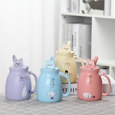 China Wholesale High Quality Exquisite Design Cute Kitty Animal Ceramic Mug A Set 400-500ml Cartoon Lid Spoon Cup for sale