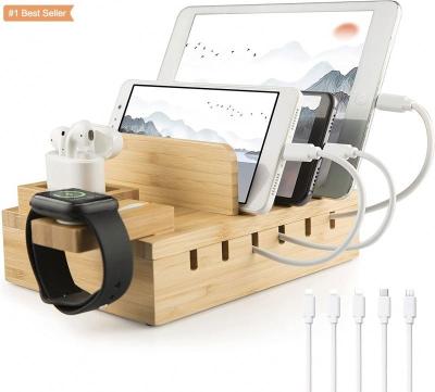 China Cell Phone Watch Earphone Charging Jumon Universal Natural Bamboo Wooden Charging Stations Dock Holder Multi-Device Organizer for Phones Tablets Laptops for sale