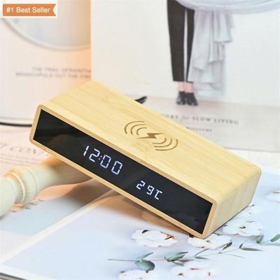 China Cell Phone Jumon Bamboo Alarm Clocks with Three Alarms Sleep Date Dimmable Temperature LED Display Digital Alarm Clock Radio Charging for sale