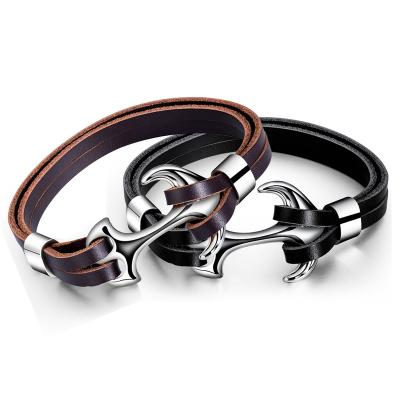 China New Design Black Trendy Stylish Fashion Stainless Steel Custom Leather Bracelet Men for sale