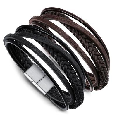 China New Products Environmental Friendly 316L Stainless Steel Braided Genuine Leather Mens Leather Bracelet for sale