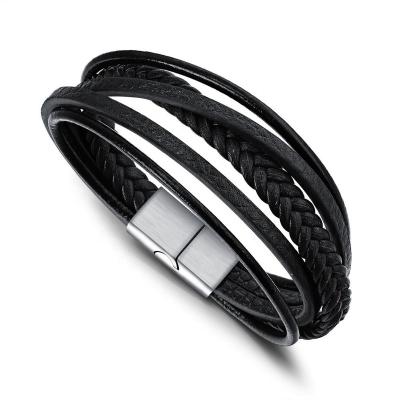 China 2019 Fashion Trendy Men's Leather Bracelet Magnetic-Clasp Whip Wrap Braided Multilayer Men's Bracelet for sale