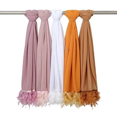 China 2021 new fashion muslim pearl chiffon scarf pure colors feather boa lace hijab ladies scarves for winter malaysia indonesia silk scarf for sale