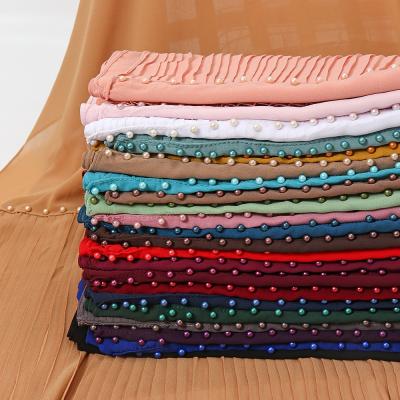 China Top Selling Muslim Daily Life Custom Scarf Malaysia Chiffon Pleated Shawl Witn Pearl Crepe Hijab Tudung Tudung Scarf In Stock Low MOQ for sale